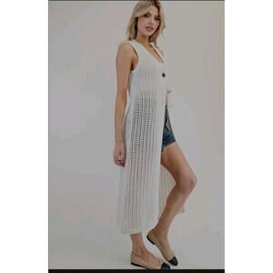 Anthropologie Flat White Womens Maxi Sweater Vest One Size Ivory Boho Festival